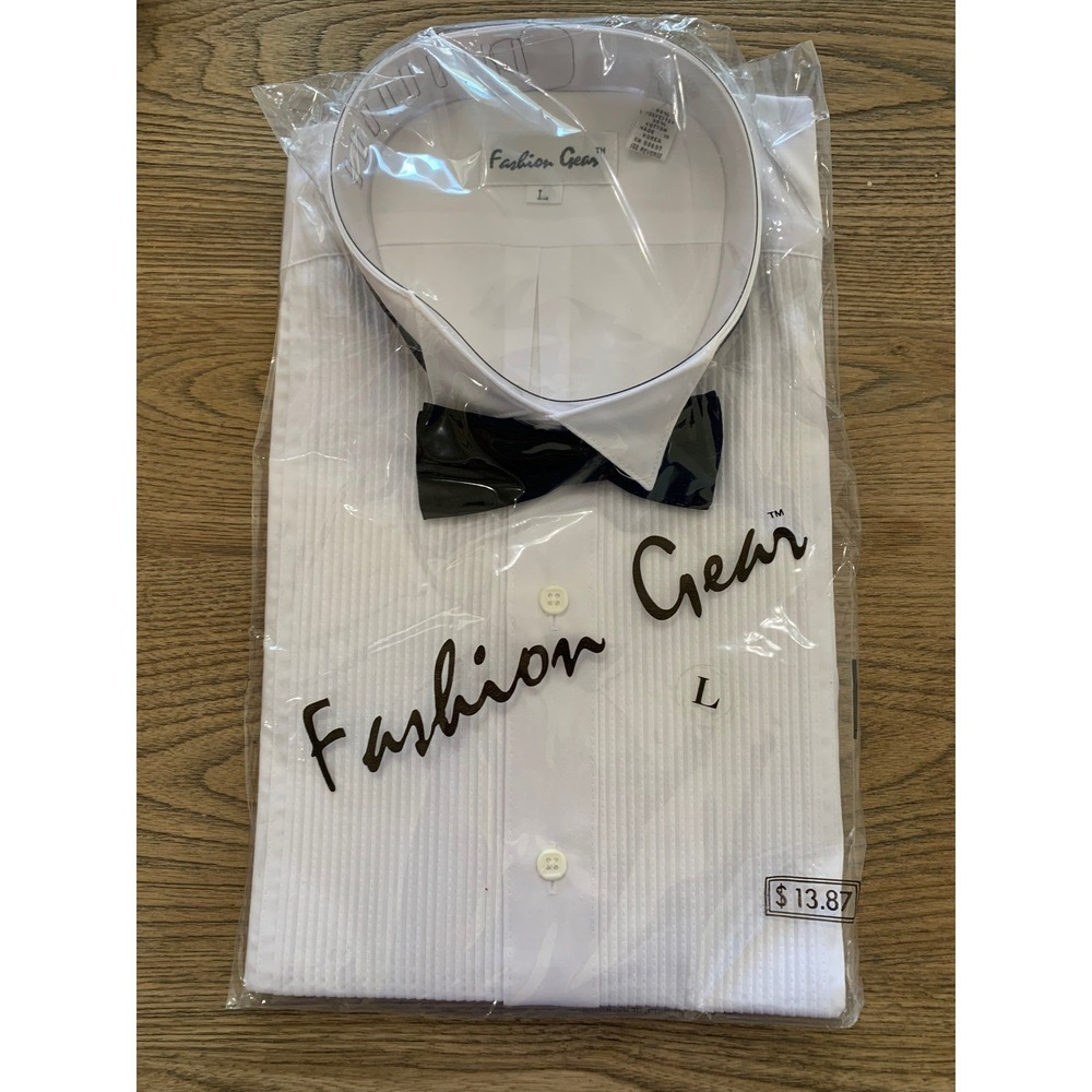 VTG Fashion Gear Mens White Wing Tip Collar Pleated Tuxedo Shirt Bow Tie Large
